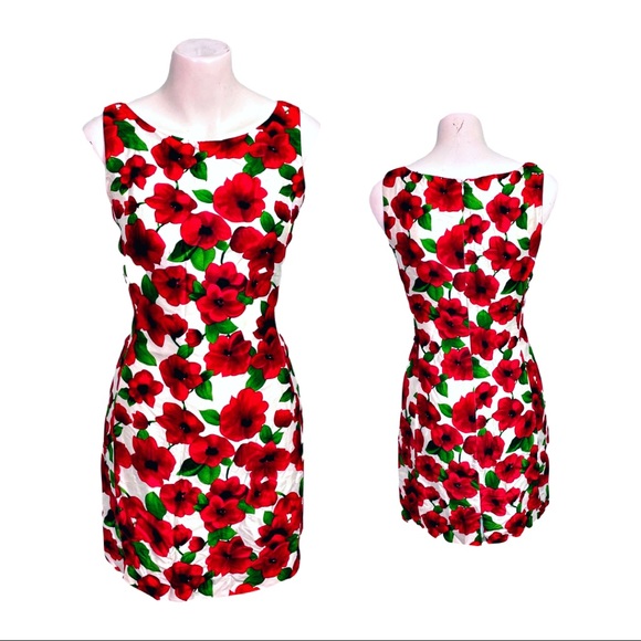 Chetta B Dresses & Skirts - VINTAGE SILK Dress Silk sheath midi Size 6 RED POPPIES on white Chetta B…